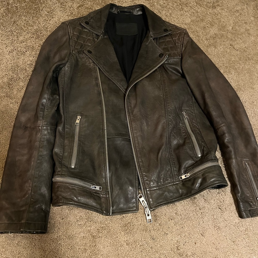 All Saints Dark Brown Leather Jacket, Men’s Extra Small. Conroy, color: Ink.